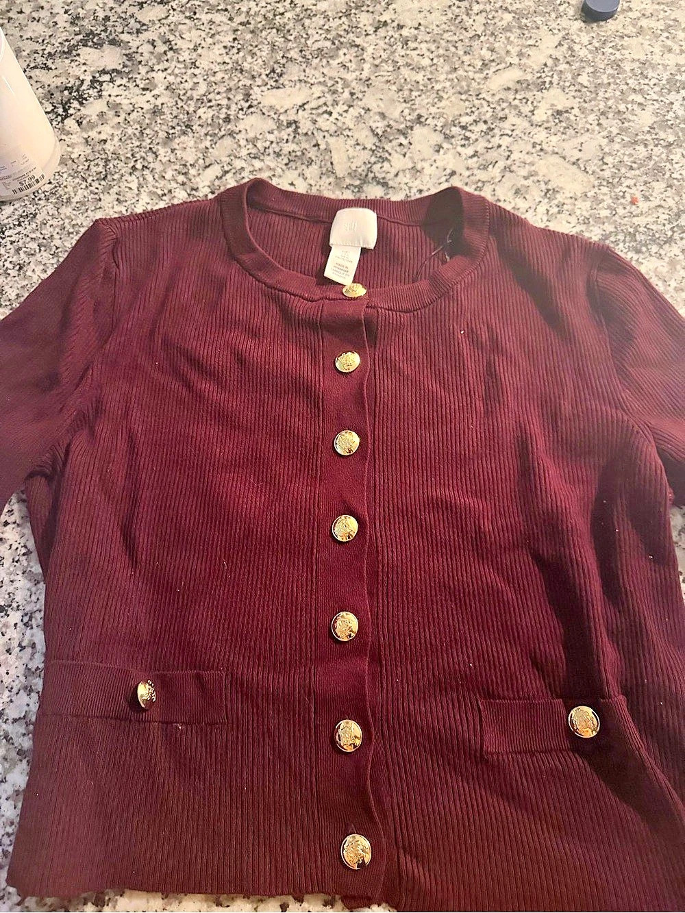 H&M Rib-knit Cardigan Burgundy Button-Front